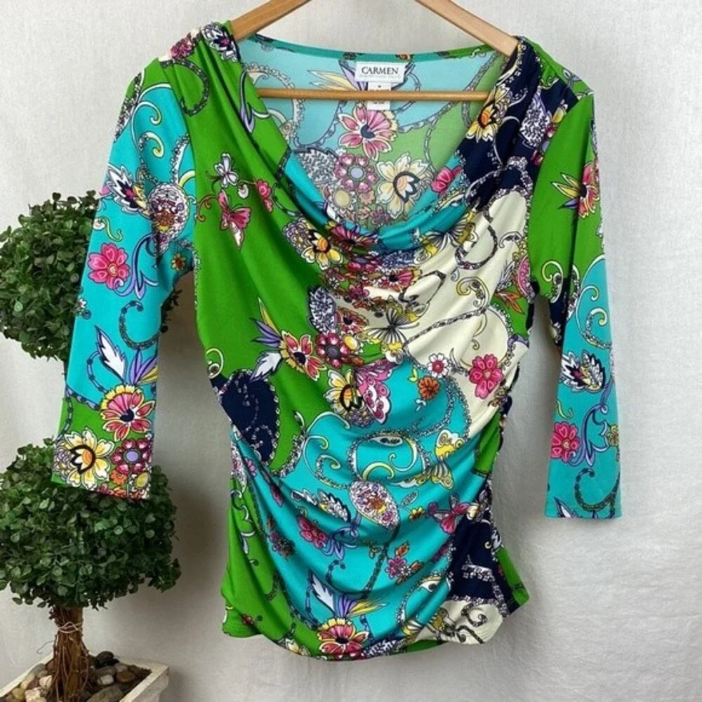 Carmen Marc Valvo Women's  Floral Print Half Sleeve Drape Neck top M - Picture 2 of 8